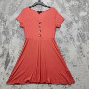 Derek Heart Dress Womens L Orange Button Front A-Line Short Sleeve Ribbed Knit